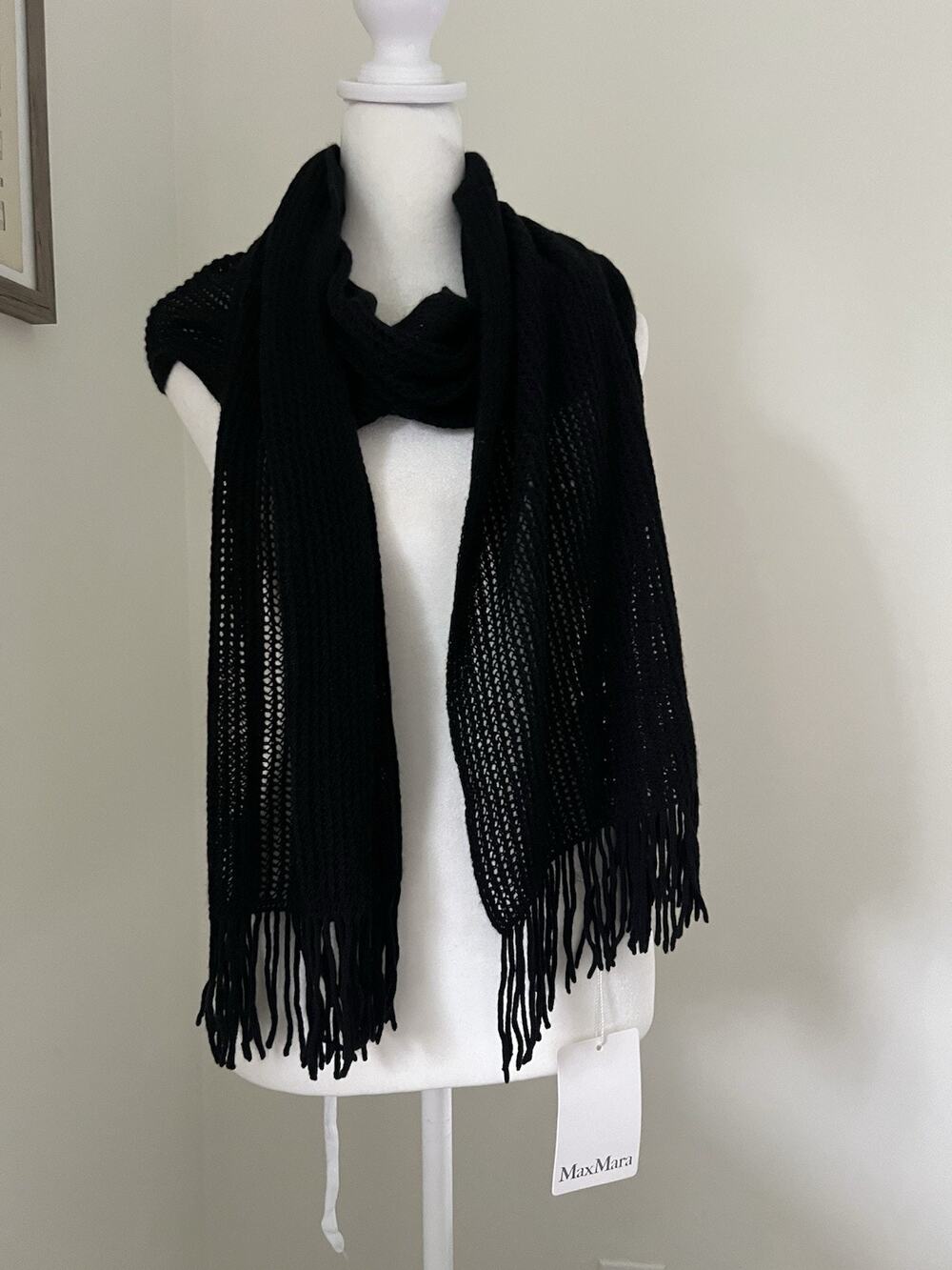 MaxMara Black 100% Cashmere Open Grid Knit Scarf Shawl NWT 14x90